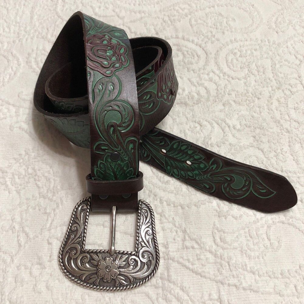 Ariat Western Belt Size XL Genuine Leather Brown/Turquoise/Silver Belt Buckle - Picture 2 of 7